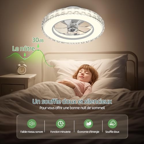 Ateroll Crystal Ceiling Fan with Light Ø43.5 cm, 3000K-4000K-6500K+RGB, 6 Adjustable Ventilation Speeds with Remote Control, Timer, Memory Light, Reversible Fan