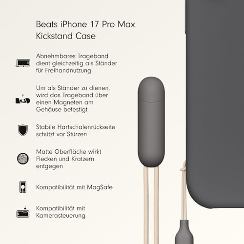 iPhone 17 Pro Max Kickstand Case mit MagSafe und Kamerasteuerung, integrierter Ständer und Trageschlaufe, Matte Außenseite mit Innenfutter aus Mikrofaser – Granitgrau