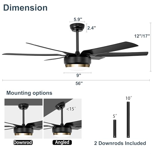 Ohniyou - Ventiladores de techo con luces, ventilador de techo negro de 56 pulgadas, control remoto/aplicación, regulable, silencioso motor de CC para interiores y exteriores
