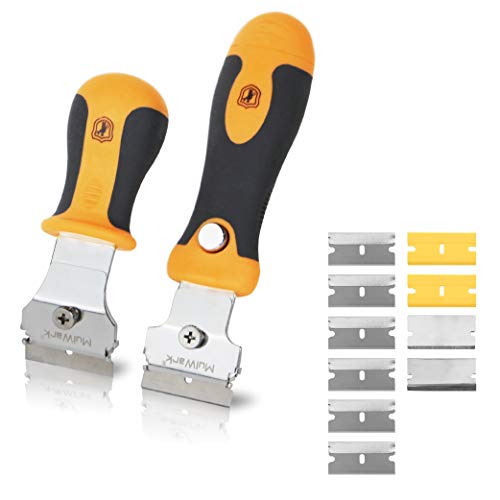 MulWark Multi-Purpose Mini Razor Scraper Set with Protective Blade Cover and 10pcs Extra Blades Cleaning Tool for Scraping Labels, Decals, Stickers, Caulk, Paint from Glass, Stovetop, Subfloor-2 Pack