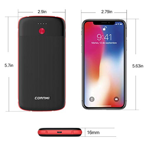 CORNMI 10000mAh Power Bank, External Battery Charger Pack Ultra Slim USB C Portable Charger with Built-in Micro USB Cable Compatible for iPhone, Samsung, Huawei, iPad and More - Black