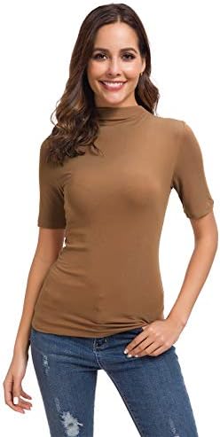 Women's Basic Long/Short Sleeve High Turtle Mock Neck/Crew Neck Slim Fit Rayon Plain Tees Shirts Top