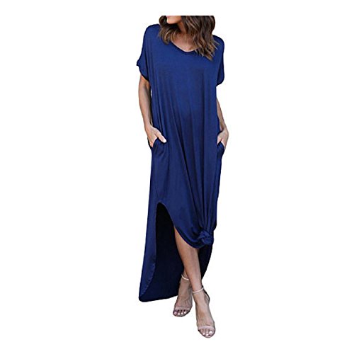 Loose Casual V Neck Split Baggy Pocket Long Maxi Dress (S, Blue)