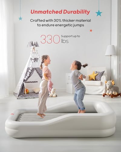 QPAU Inflatable Toddler Travel Bed, Portable Kids Air Mattress, Separate Mattress Design, Nice for Home, Grandma's, Camping, and Vacation (Light Gray)