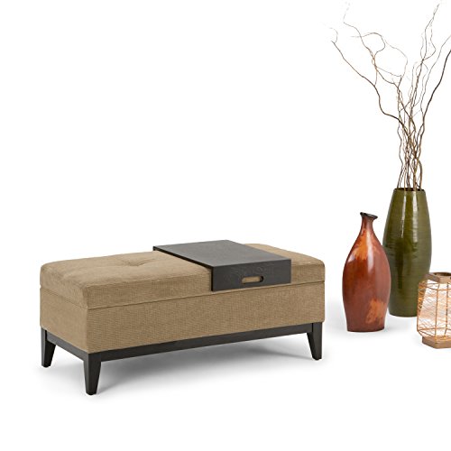 Simpli Home Oregon Rectangular Storage Ottoman Bench with Tray, Tan Chenille