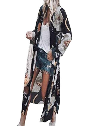 Womens Floral Long Kimono Cardigan Lotus Chiffon Coat Tops Cover Up Beach Smock Coffee - Thumbnail 7