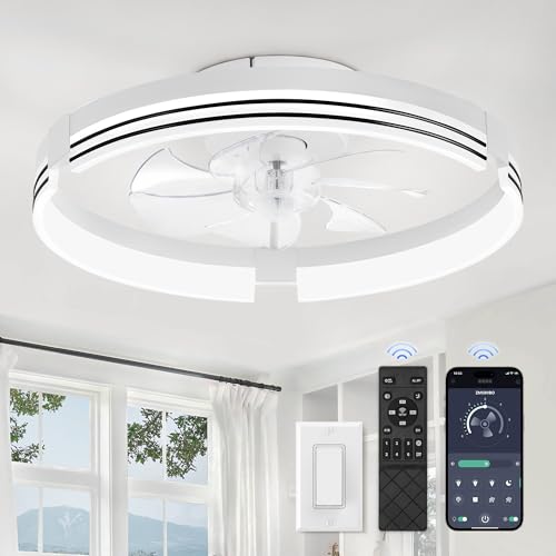 Photo 1 of ZMISHIBO Low Profile Ceiling Fans with Lights and Remote, 20 Inch Flush Mount Ceiling Fan with Light, 3000K-6000K Dimmable Fandelier LED Fan Light, 6 Wind Speeds White Ceiling Fans for Bedroom