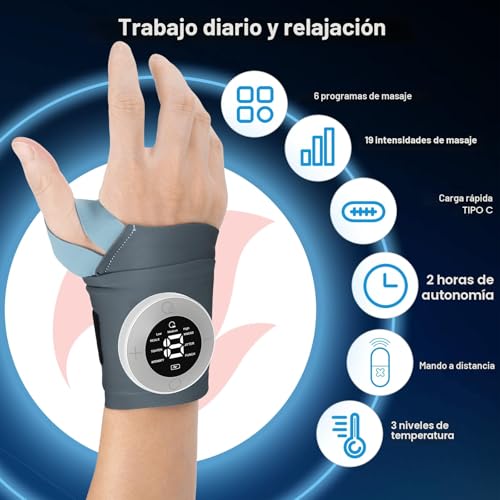 EMS Wrist Massager, Wireless Hand Massager with Heat, 6 Modes/19 Intensity, Wrist Support for Tendonitis and Carpal Tunnel Syndrome, Left/Right Bandages