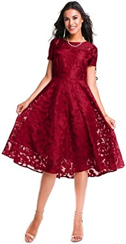 ANETTE Women Elegant Floral Lace Short Sleeve Cocktail Formal Swing Party Dresses