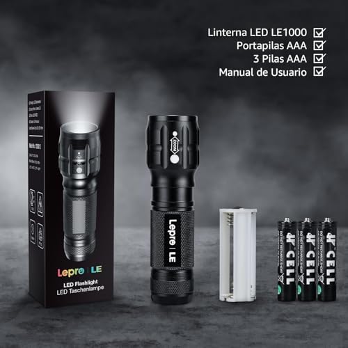 Lighting EVER Linterna LED de Alta Luminosidad con Zoom Ajustable, IPX4 Resistente al Agua, Compacta y Portátil – para Camping, Senderismo, Emergencias, Incluye Baterías AAA