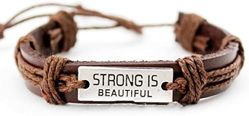 happy glamper STRONG IS BEAUTIFUL Antique Silver Adjustable Leather Cuff Charm Bracelet Gift Jewelry