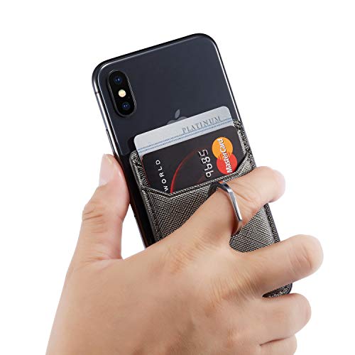 Phone Card Holder with Ring Grip for Back of Phone,Adhesive Stick-on Credit Card Wallet Pocket for iPhone,Android and Smartphones (Black)