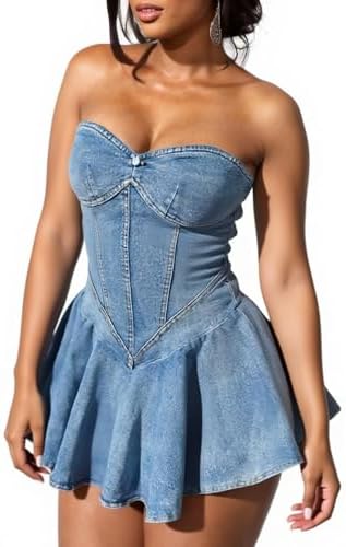 Symina Women's Summer Denim Dress Sexy StraplessTube Top Ruffle Hem Corset Mini Jean Dress Y2K Black : Clothing, Shoes & Jewelry