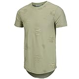 KLIEGOU Mens Hipster Hip Hop Ripped Round Hemline hole T Shirt(1705) (X-Large, Army green)