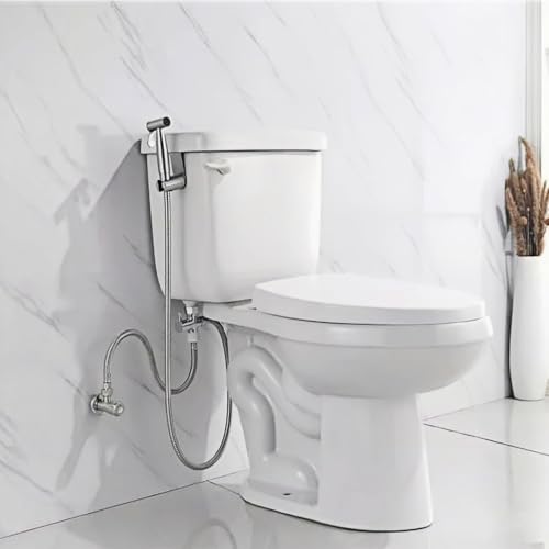 TEKXDD Kit Douchette WC, Douchette WC avec Tuyau 1,5 Mètre & Vanne 3 Voies (1/2"-3/8"), Salle de Bain, Hygiène Personnelle, Nettoyage des Couches, Facile à Installer, Argent