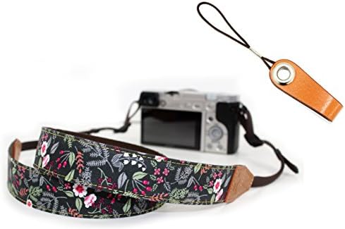 TOMA Fabric(Cotton 100%, with a Free Gift - Leather Finger Strap) Neck &amp; Shoulder Strap for Camera(Black Flower)