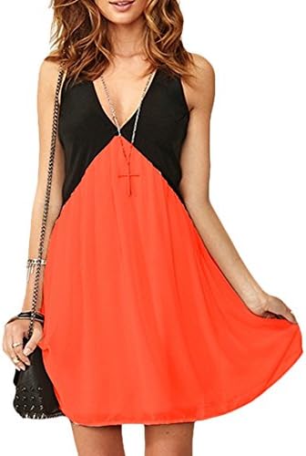 Thanpoo Women's Chiffon Deep V Neck Hollow Out Patchwork Short Party Sun Dress