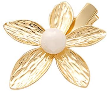 ballboU-Vintage Polished Metallic Gold Hair Clips, Girls Flower Shape Minimalist Imitation Pearl Anti Allergy Barrettes