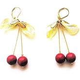Red Cherry Gold Plated leverback Earrings Two Cherries Yellow Vintage Glass Leaves Gift for her