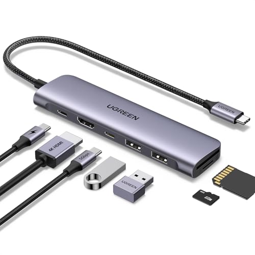 UGREEN Revodok USB C Hub 7-in-1 with [High-Speed] SD/TF Card Reader, 4K HDMI, Data Ports, 100W PD Charging [Braided Cable], USB-C Multiport Adapter for Windows, MacBook Pro, Monitor, Camera