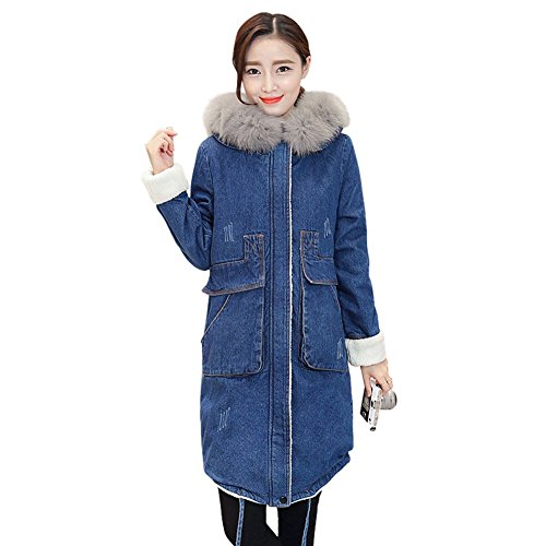 Drasawee Women's Hooded Fur Collar Thickened Jacket Denim Outwear Winter 2XL Drasawee Women's Hooded Fur Collar Thickened Jacket Denim Outwear Winter 2XL