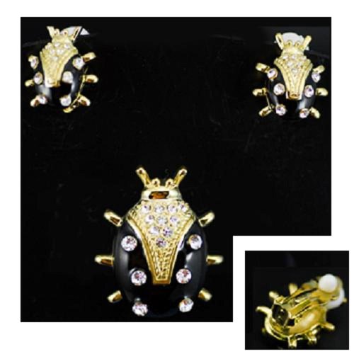 Broach &amp; Cllip-on Earrings ~ Black &amp; Gold Ladybugs ~ Clear Rhinestone Accents