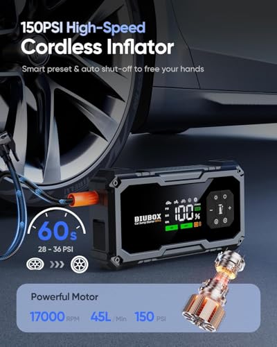 Car Jump Starter with Air Compressor, BiuBox 8500A 150PSI Car Battery Jump Starter for All Gas /9L Diesel, 12V Car Battery Charger Jump Starter with Insulated Gloves, LED Display, 500lm Light