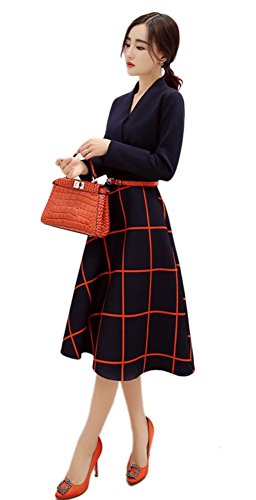 Sleeve V Neck Casual Slim Tunic Plaids A-Line Shirt Dress เดรส แฟชั่นชุดทำงาน iRachel ผู้หญิงs Long