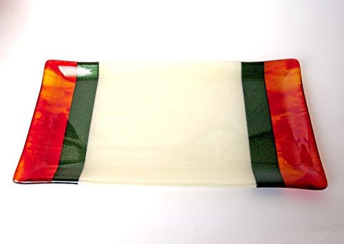 Christmas Serving Platter, Made with Ivory Cream Fused Glass, with Stripes in Green, Red and Orange Streaky Glass, Party Platter