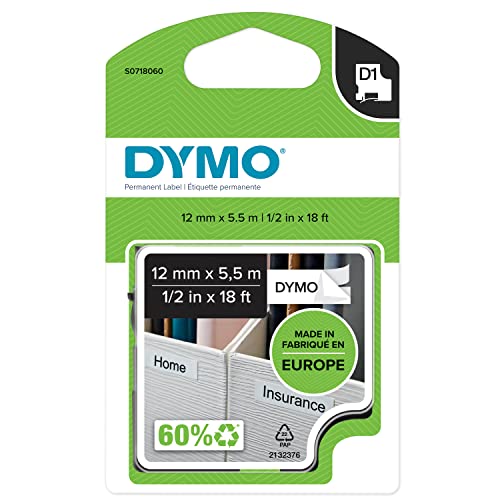 DYMO Original D1 Hochleistungs-Nylon-Etikettenband | schwarz auf weiss |12 mm x 5,5 m | permanent haftendes Vinyl- Schriftband | fuer LabelManager-Beschriftungsgeraet