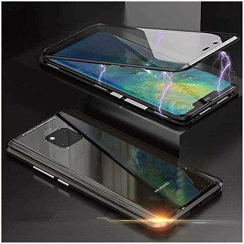 TENGMAO Case for huawei mate 20 pro, Ultra Thin Metal Frame Case Lightweight, Magnetic Adsorption Aluminum Alloy Flip Cover, 9H Tempered Glass Back Cover-Clear Black