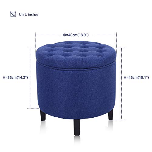 YAMASORO Fabric Cushion Button Lift Top Storage Footstool, Height 18 Inches Strudy Round Ottomans & Storage Ottomans, Blue