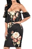 Pretid Sexy Women Floral Off Shoulder Ruffle Plain Stretch Bodycon Midi Dress