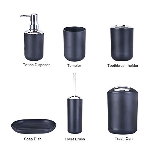 Beyonds Bathroom Accessories Set, 6 Pcs Plastic Gift Set Vanity Accessory Toothbrush Holder,Toothbrush Cup,Soap Dispenser,Soap Dish,Toilet Brush Holder,Trash Can (Black)