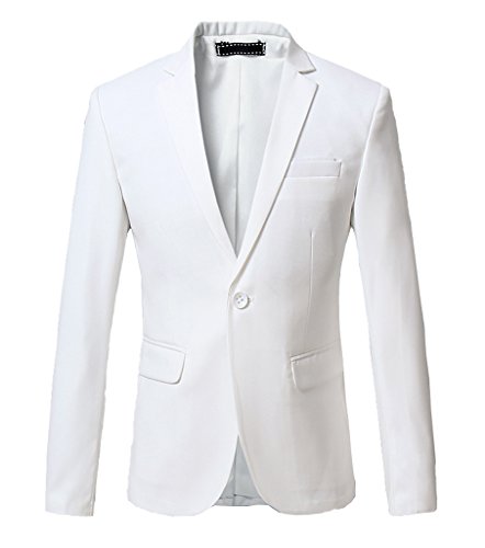Ouye Men s Solid 1 Button Back Vent Blazer , White, US M - Chest 38"(Tag Asian 3XL)