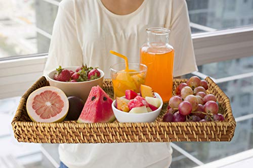 Wicker Serving Trays and Platters with Handles | Handcrafted Breakfast, Food, Dish, Coffee, Bread Serving Baskets for Home and Restaurants (12 x 17 (Tan))
