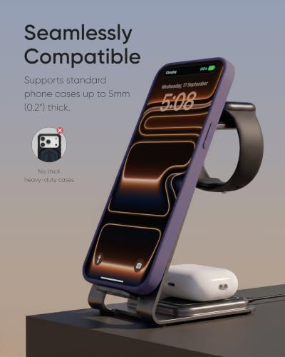 Intoval Aluminum 3-in-1 Wireless Charging Station for iPhone 17/17 Pro/17 Pro Max/16/16 Pro/16 Pro Max/15/14/13/12,for Apple Watch 11/Ultra 3/SE 3/10/9/8/7,for AirPods Pro 3/4/Pro 2/3/Pro (Grey)