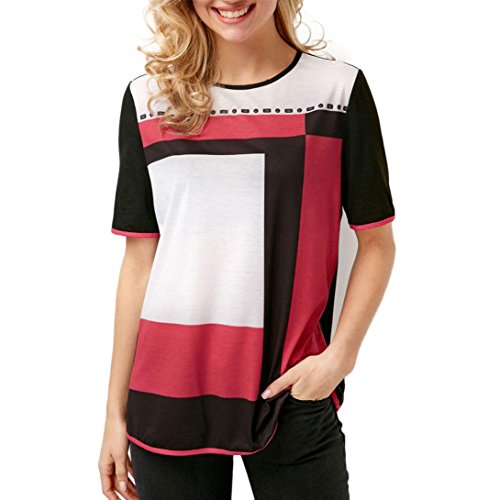 Click Here to See More Images NREALY Women Summer Daily Casual Short Sleeve Irregular Print Tops Shirt Blouse Tee(Black, XXX-Large)