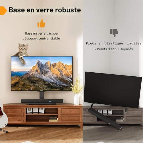 Support TV Universel de Table pour écrans LCD/LED 27 à 55 Pouces – Base en Verre trempé avec Gestion des câbles, Hauteur réglable sur 6 Niveaux, Compatible VESA 400 x 400 mm