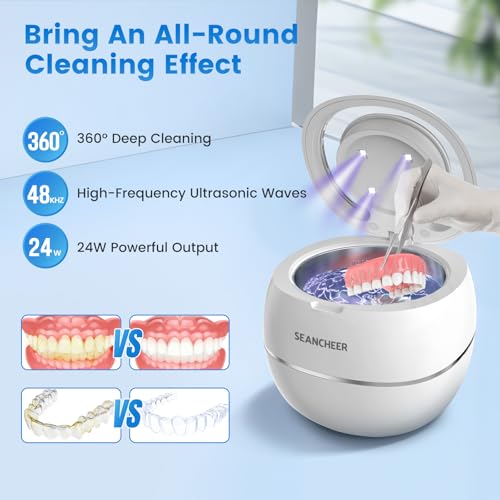 SEANCHEER Ultrasonic Cleaner | 48kHz | 24W | 180ML | Ultrasonic Retainer Cleaner Machine with U-V Light for | Retainer | Aligner | Denture | Night Guard | Jewelry | (White)