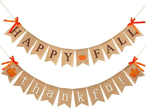 2 Pieces Thankful Banner Happy Fall Banner Burlap Thanksgiving