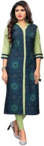 Renish Enterprise Blue and Pista American Crepe Printed Kurti.