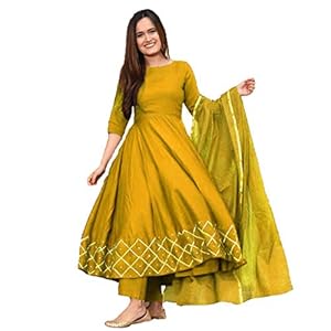GoSriKi Women’s Rayon Anarkali Kurta with Gold Printed Dupatta