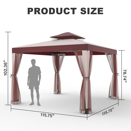 PHONDIKO 10x10 Outdoor Gazebo Canopy Tent with Mosquito Netting, Red, Double Roof Design image 20