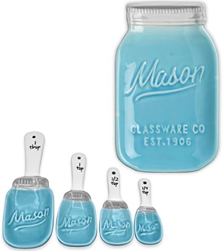 Vintage Inspired Ceramic Measuring Spoons (Set of 4) and Large Spoon Rest Kitchenware, Mason Jar Inspired - Premium, Super Cute, Retro, Decorative, Durable and Functional by My Fancy Farmhouse (Blue)