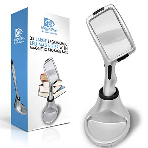 Large 3X Magnifying Glass with 10 Ultra Bright & [Dimmable] LED Lights+ Magnetic Base to Store Magnifier at Ease- Brightest & Best Magnifier with Lights for Reading, Aging Eyes, Seniors