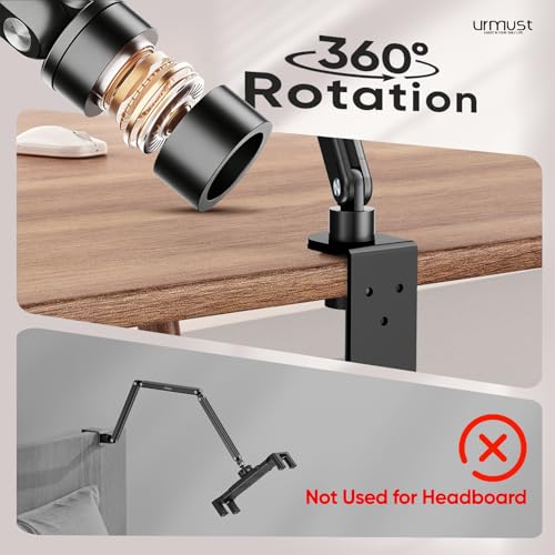 Urmust Tablet Holder Height Adjustable Aluminium Tablet Arm Holder with 360° Rotating Metal Base, iPad Holder Table Compatible with iPad Galaxy Tab Kindle & Monitor Holder from 4.7 Inch - 15.6 Inch