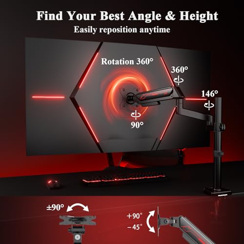 ETHU PC Gas Spring Monitor Stand With Extention Arm for 13-32 Inch Screens VESA 75x75/100x100mm 2-Way Assembling Clamp/Grommet Up to 9kg Capacity Ergonomic Multi-Angle Adjustment Single Arm Black