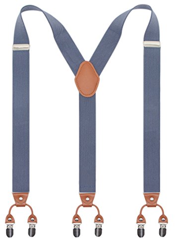 Bioterti Men’s Y-Shaped Heavy Duty Suspenders – 6 Metal Clips, Elastic Straps (Light Blue)