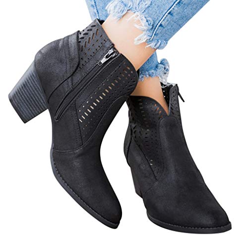 TnaIolral Ladies Boots Heels Solid Hollow Out Vintage Leather Ankle Short Shoes (US:10.5, Black)